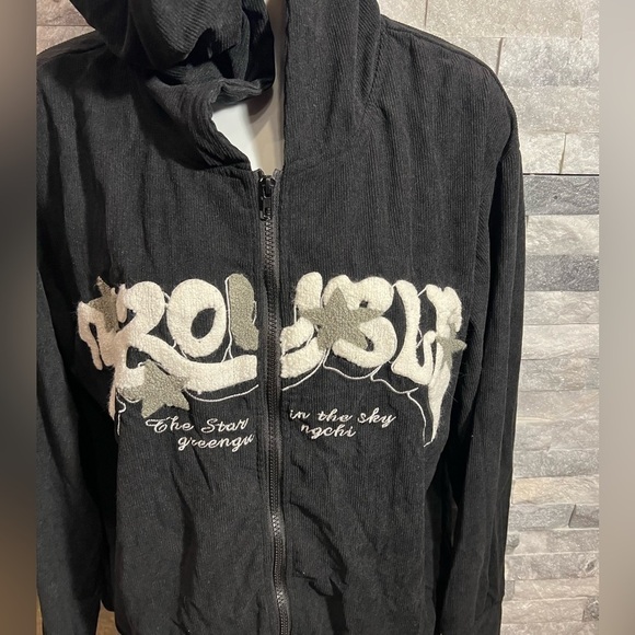 SHEIN Style Black Hoodie with Bold White Lettering - Zip Up Casual Hoodie Sz M - Picture 2 of 3